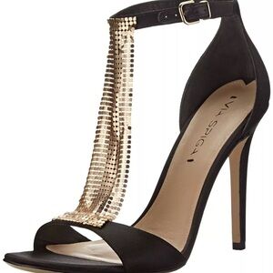 Via Spiga Timone Sandal Heel | Black/Gold Mesh Detail